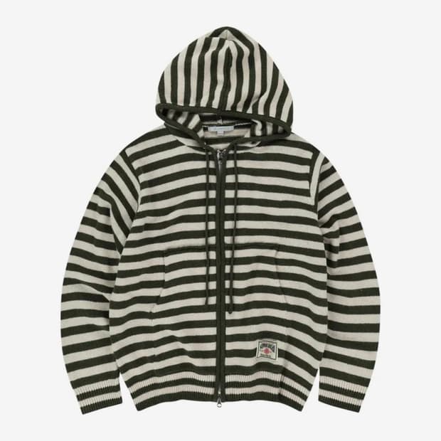 슬로우애시드 스트라이프 니트 후드집업 카키