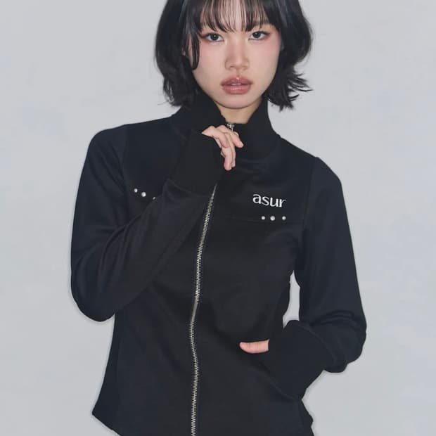 애즈유아 하이넥 리브 집업 블랙