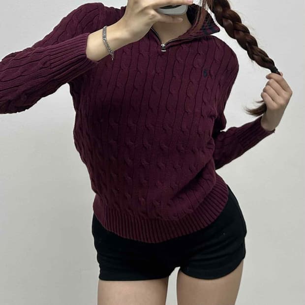 폴로 랄프로렌 큐알택 버건디 꽈배기 케이블 반집업 니트(M)
