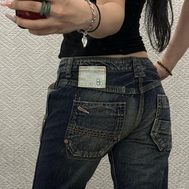 빈티지 재팬 키치 아메카지 워싱 빅포켓 데님팬츠 K0462
