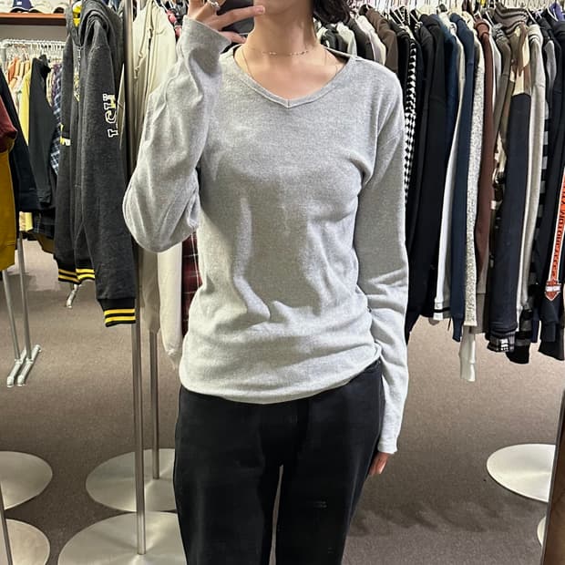 L)AVIREX vintage v넥 그레이 골지 롱슬리브