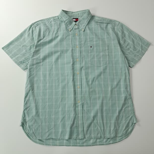 CK924 2XL 타미힐피거 90s 민트 윈도우페인 체크 반팔 셔츠 남