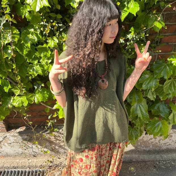 빈티지 히피 그린 카키 반팔