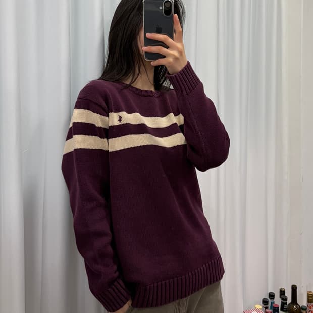 [L]폴로 랄프로렌 버건디 스트라이프 코튼 니트