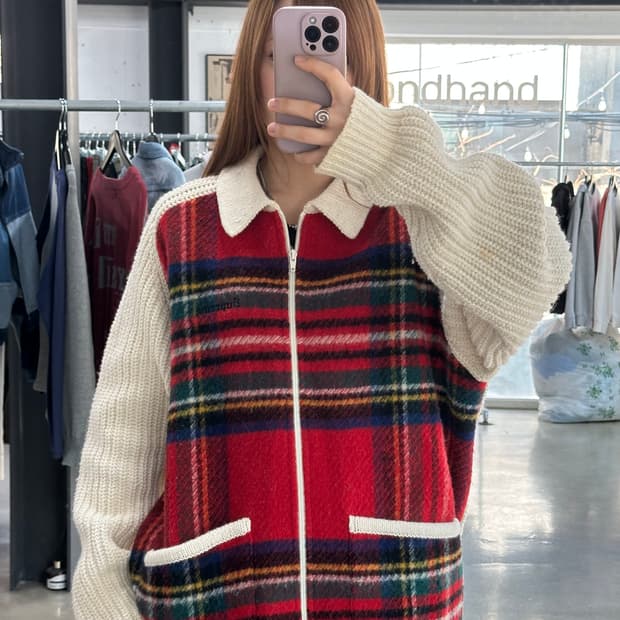 슈프림 18FW 자수로고 플레이드 프론트 스웨터집업