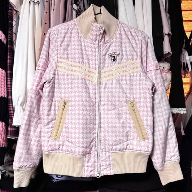 ADIDAS 아디다스 연핑크 체크 투웨이 패딩 집업 자켓