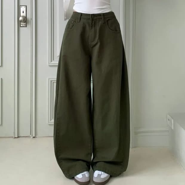 사이드 핀턱 하체커버 옆핀턱 벌룬핏 바지 롱와이드 팬츠 카키