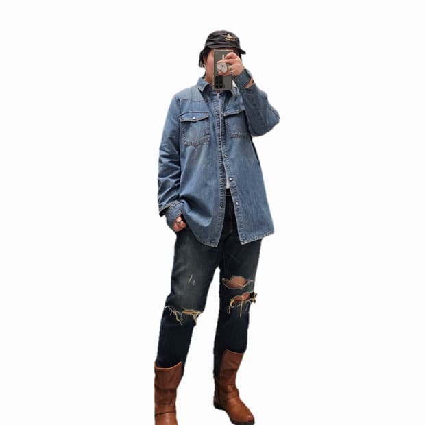 워싱 소매 절개 데님셔츠