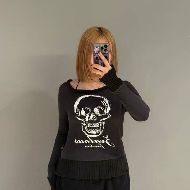 skull printing knit layered long sleeve