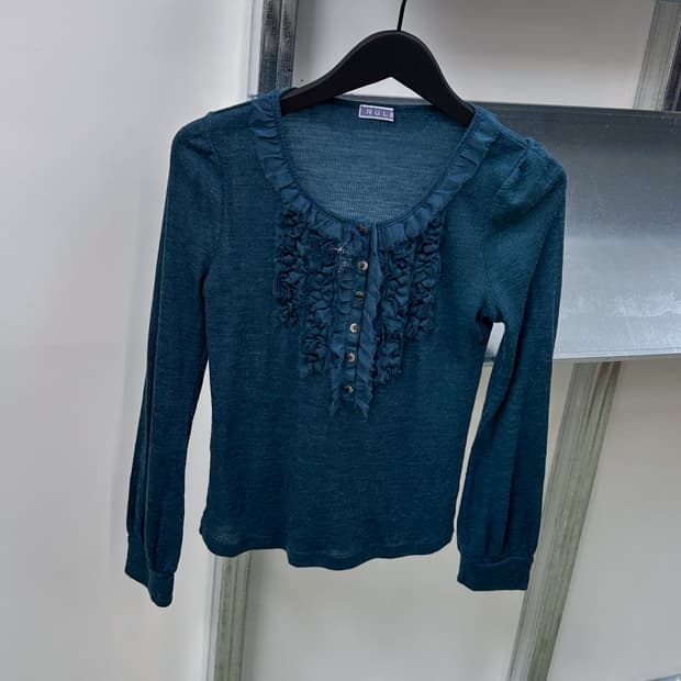 deep blue green ruffle lace top