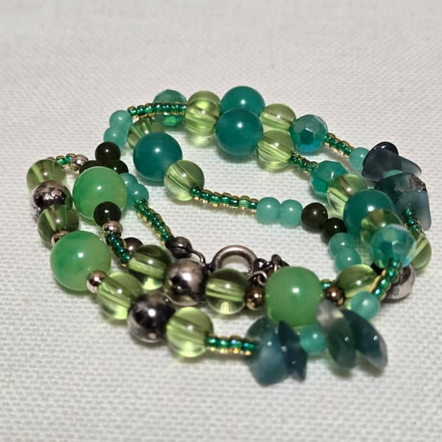 그린글래스비즈+실버925볼 목걸이