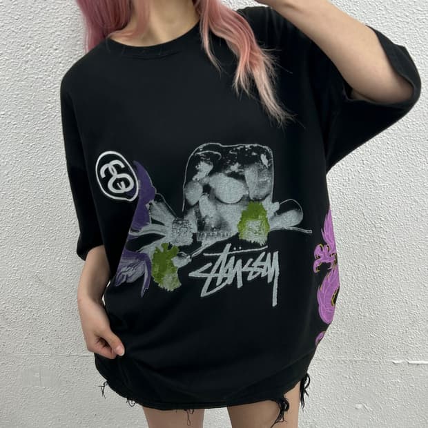 스투시 플라워 주사위 프린팅 블랙 반팔 XL