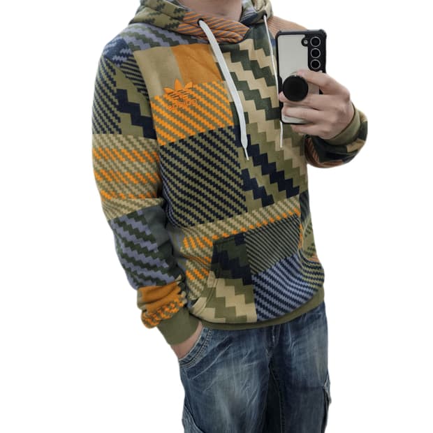 아디다스 패치워크 카키 기모 후드티 100