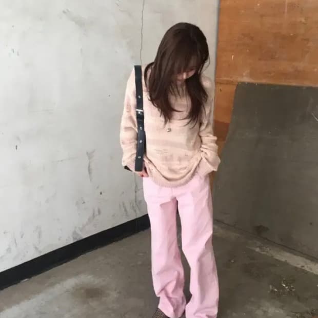 하우유 스트라이프 린넨 니트 핑크베이지