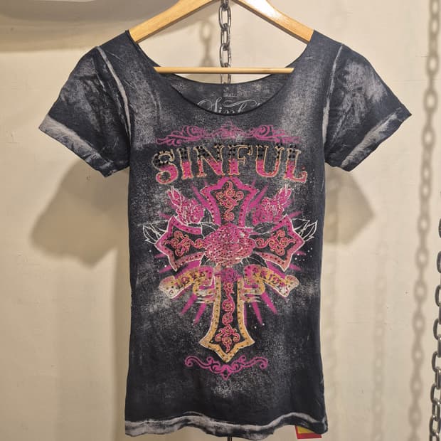 핑크 크로스 큐빅 그레이 워싱 티셔츠 y2k 펑크 갸루