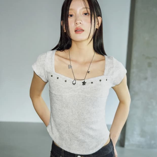 헬레네파리스 테리 스터드 스퀘어 하프 티셔츠 [오트밀]