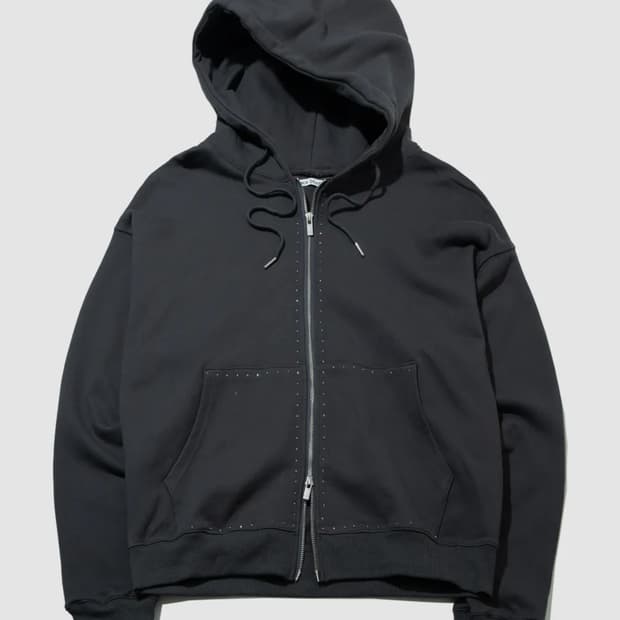 절개 라인 오버핏 큐빅 리벳 포인트 스웨트 후드집업 [차콜]