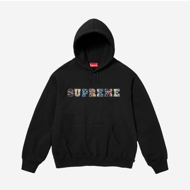 슈프림 컬리지에이트 패치워크 레더 후드 스웨트셔츠 블랙 - 23FW