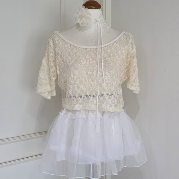 일본빈티지 니트 레이스 시스루 모리걸 라떼갸루 반팔블라우스