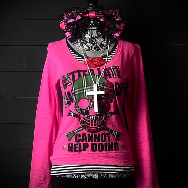 JPN 갸루 펑크 스컬 해골 스트라이프 줄무늬 핑크 롱슬리브