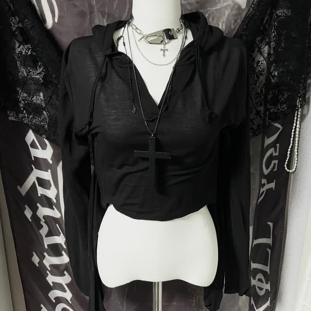 빈티지 시스루 크롭 후드 백포인트 레이어드 롱슬리브탑 00s 2010고스