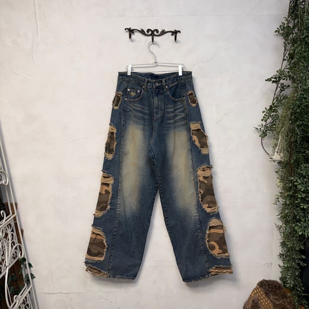 Washing denim destroyed camo 벌룬팬츠