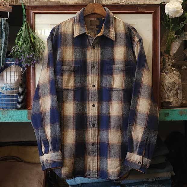 90s 아메리칸 빈티지 체크셔츠 헤비 플란넬 워크셔츠 빅체크 블루 L