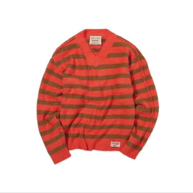 (XL)앤더슨벨 스트라이프 모헤어 헤어리 브이넥 니트 스웨터