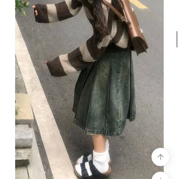 미디 기장 빈티지 워싱 플리츠 데님 스커트