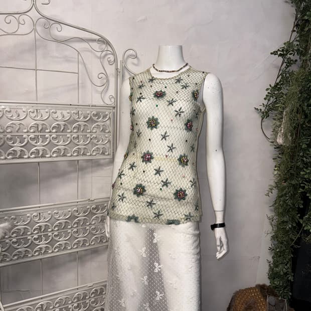 Khaki fairy cubic detail mesh sleeveless