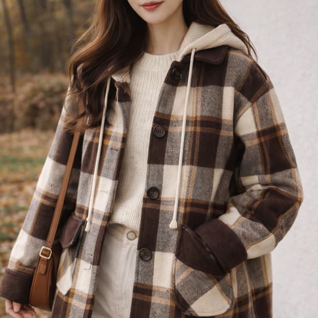 니트 후드 체크 도톰 브라운 재킷 F(44~55)