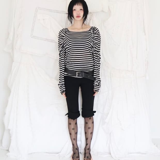 Shirring long sleeve top_Stripe