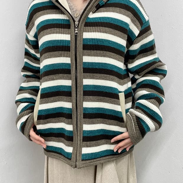 모리 스트라이프 니트 헤비 집업