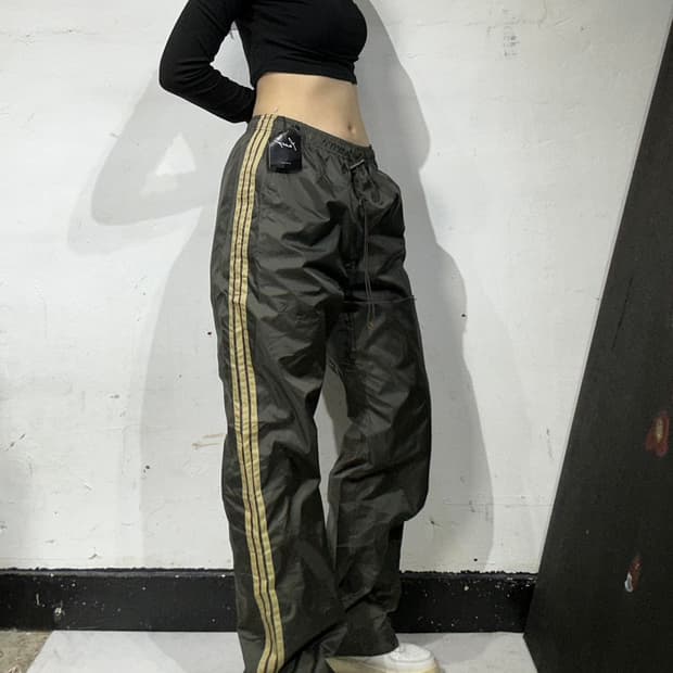 일본 빈티지 카키 브라운 대대장 삼선 와이드 힙합 트랙 팬츠 M