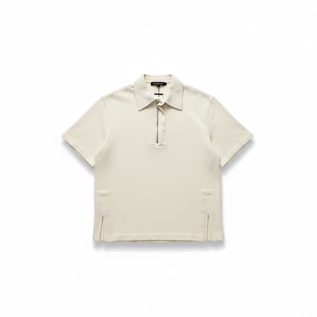 우영미 아이보리 지퍼 반팔 폴로티 L