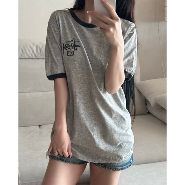 스투시 일본 그레이 블랙 링거 반팔
