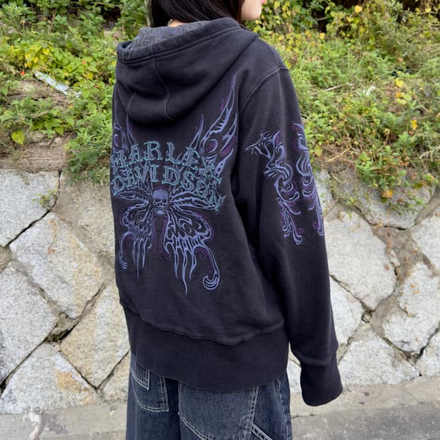 2011 투웨이 리버시블 할리데이비슨 해골 나비 후드 집업