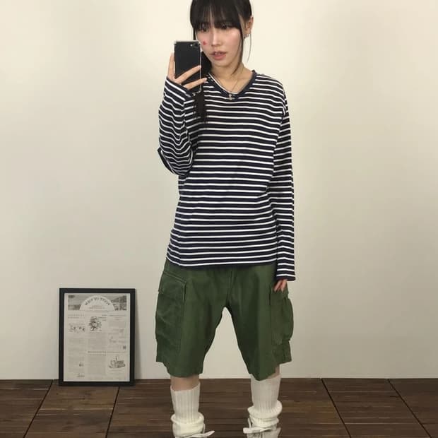 Navy Stripe V Neck Long Sleeve