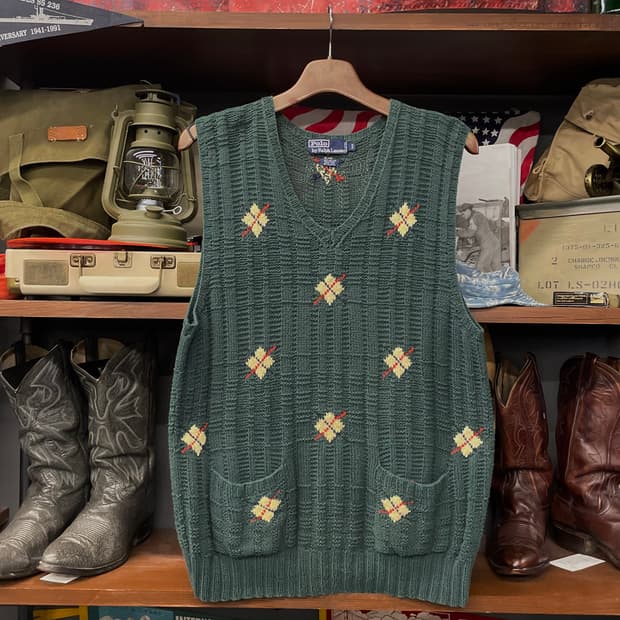 90s 폴로 랄프로렌 핸드 니트 아가일 패턴 브이넥 니트 베스트