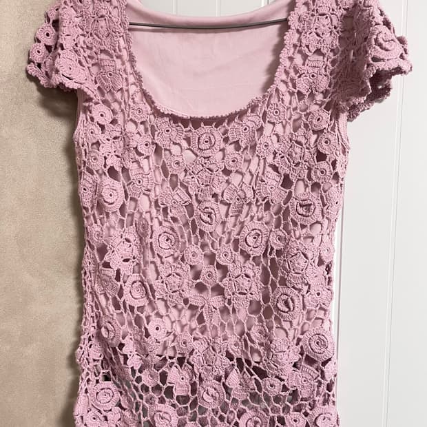 핑크 크로쉐 니트 반팔