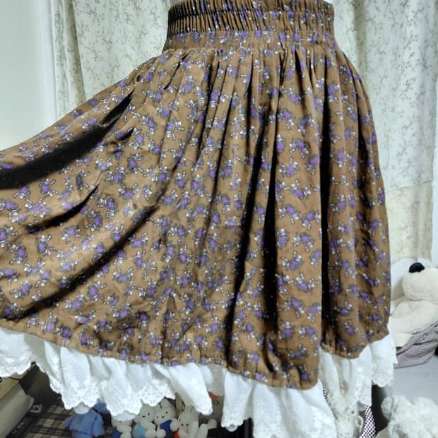 [일본빈티지 리폼] 갈색 꽃무늬 레이스 미니 스커트