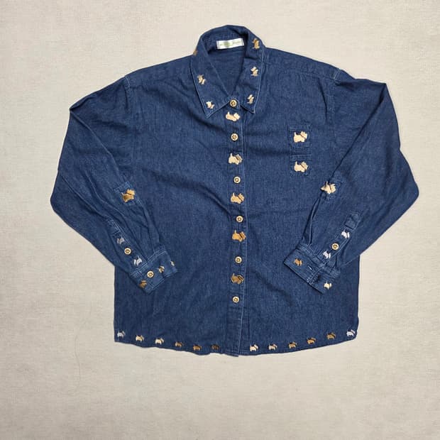 일본 빈티지 강아지 자수 데님 셔츠