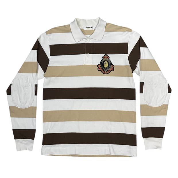 베이프 사루 패치 스트라이프 럭비티 폴로티 롱슬리브 티셔츠