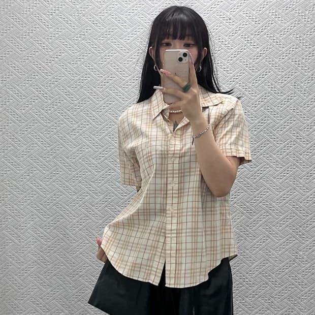 버버리 컨트리 레트로 빈티지 오트밀 반팔 체크 셔츠 XL C13453