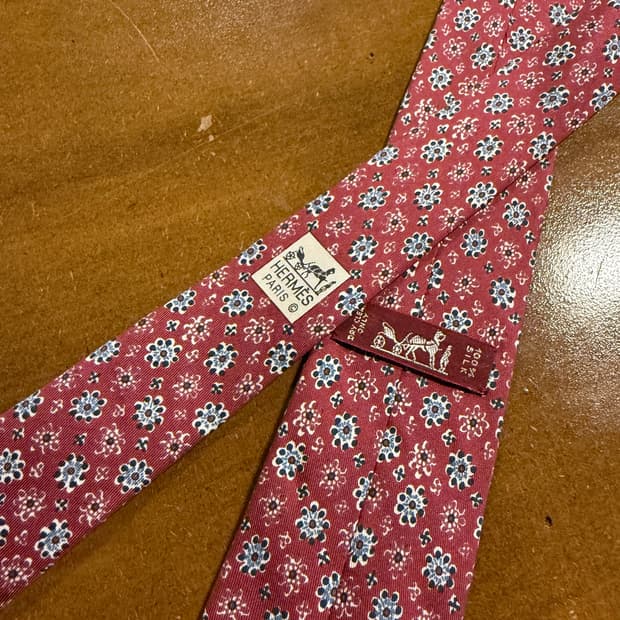 에르메스 플라워 잔패턴 실크 넥타이 버건디