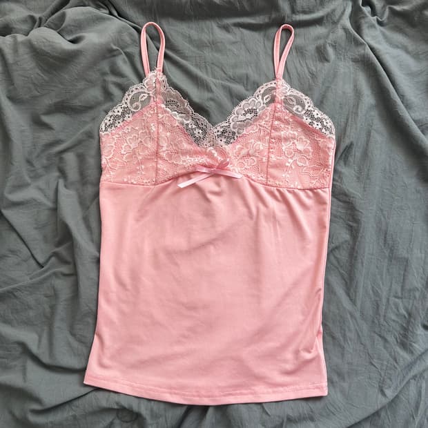 빈티지 핑크 레이스 리본 슬리브리스