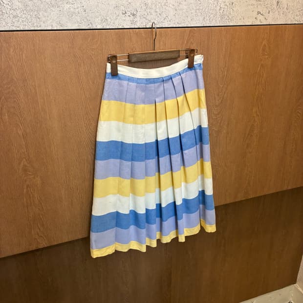 빈티지 플레어 롱 스커트 멀티 스트라이프 패턴 디테일 블루 k290