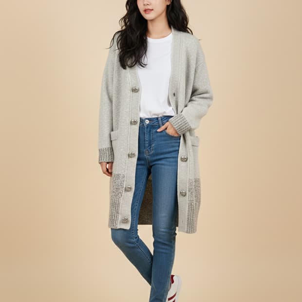 럭키슈에뜨[LUCKY CHOUETTE] 여성 믹스 텍스처 롱 니트 가디건