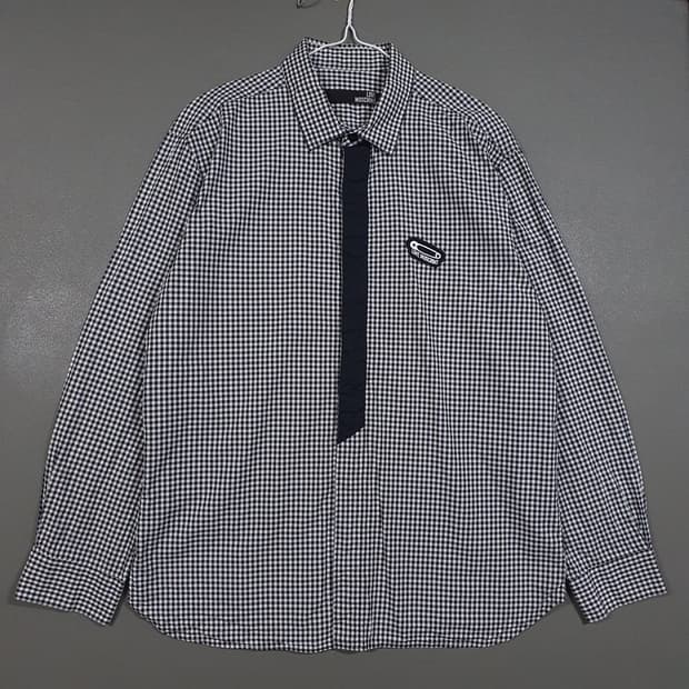 XL) 러브 모스키노 히든 버튼 스트랩 디테일 나노 체크 셔츠 긴팔 남방