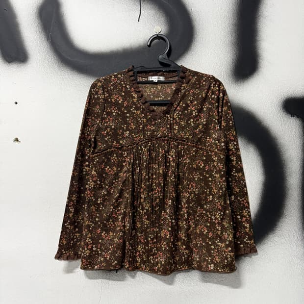 VTG 빈티지 모리하구미 잔꽃패턴 핀턱 레이스 블라우스